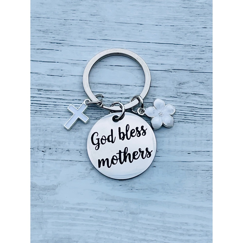 God Bless Mothers Keyring White